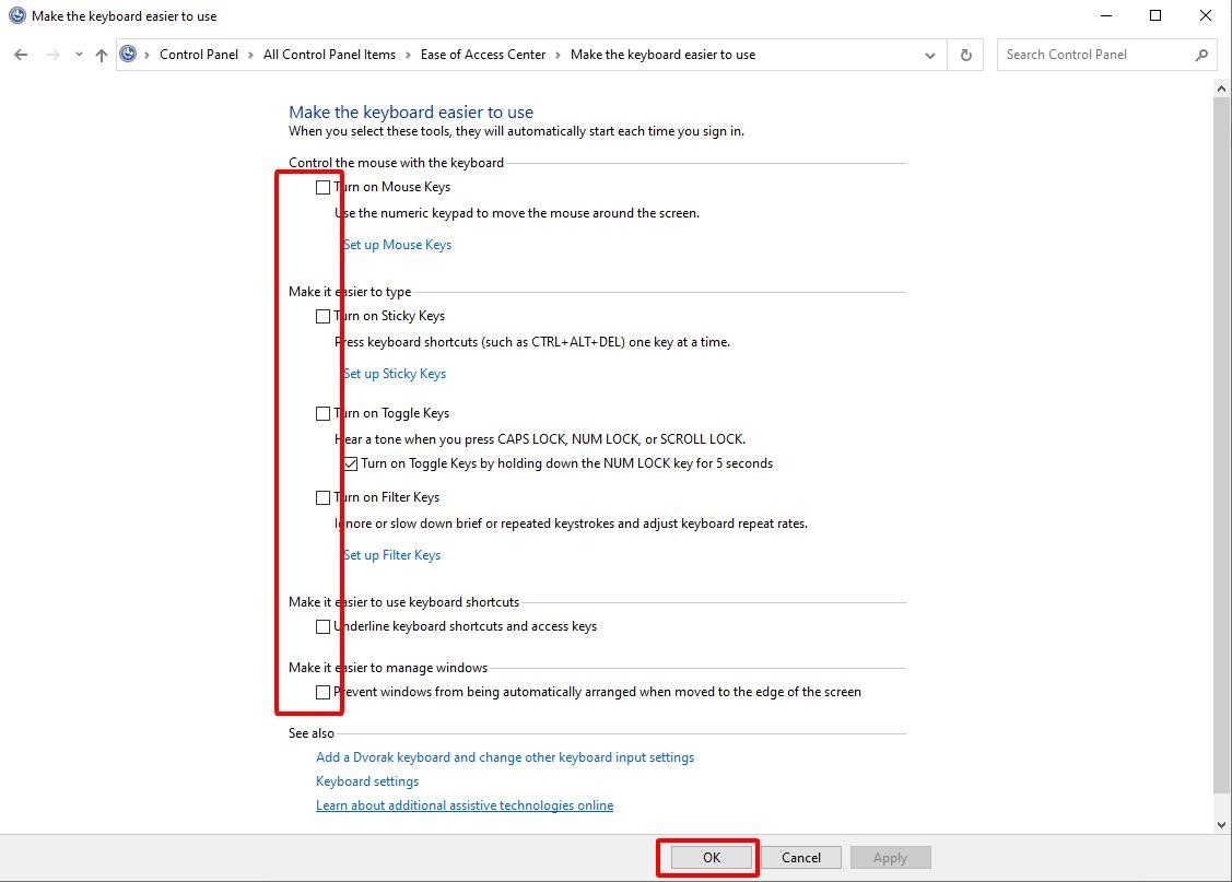 Thao tác bỏ chọn các tùy chỉnh không cần thiết và nhấn OK để sửa lỗi bàn phím laptop
