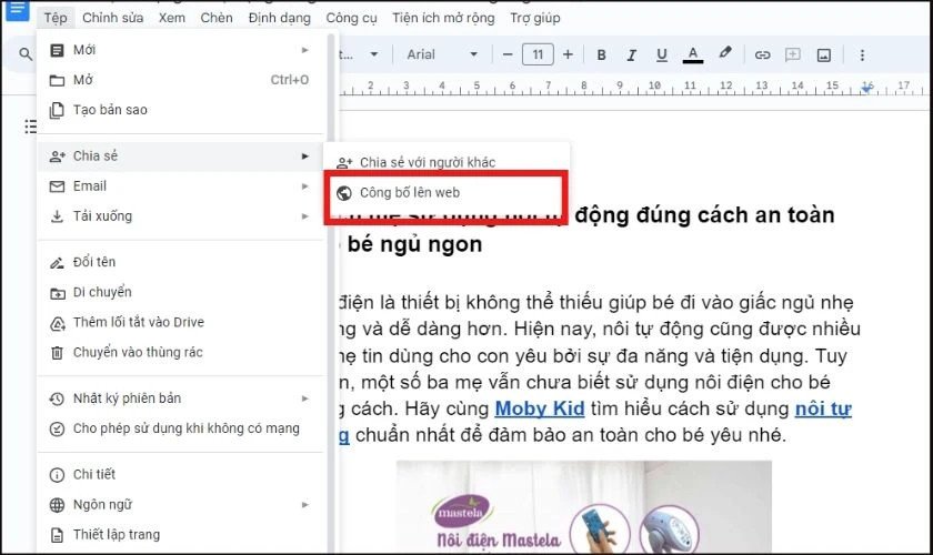 Thao tác chọn 'Công bố lên web' trong Google Docs để trích xuất ảnh về laptop