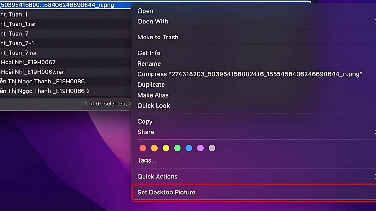 Thao tác chọn 'Set Desktop Picture' để đặt hình nền laptop 4K biển trên macOS