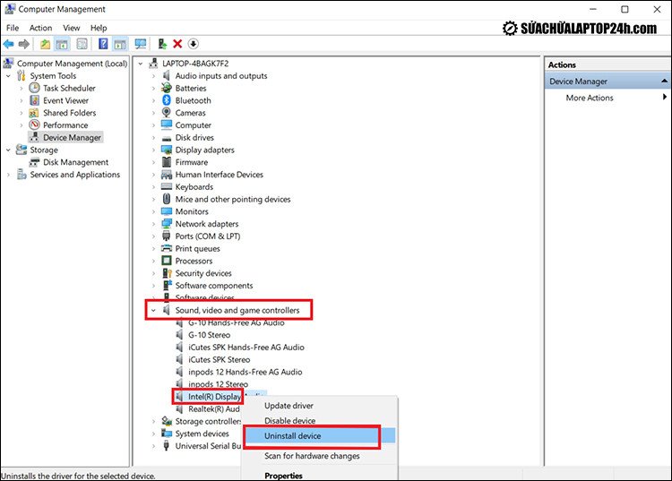 Thao tác chọn Uninstall device để loại bỏ trình điều khiển âm thanh bị lỗi.