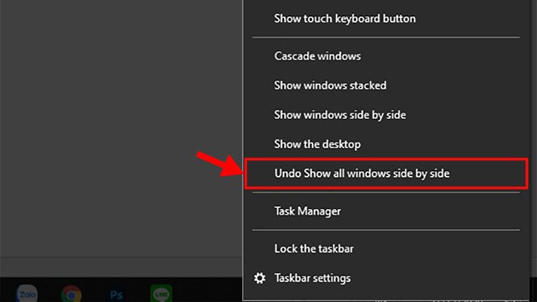 Thao tác chuột phải trên Taskbar để chọn chế độ chia màn hình trên laptop