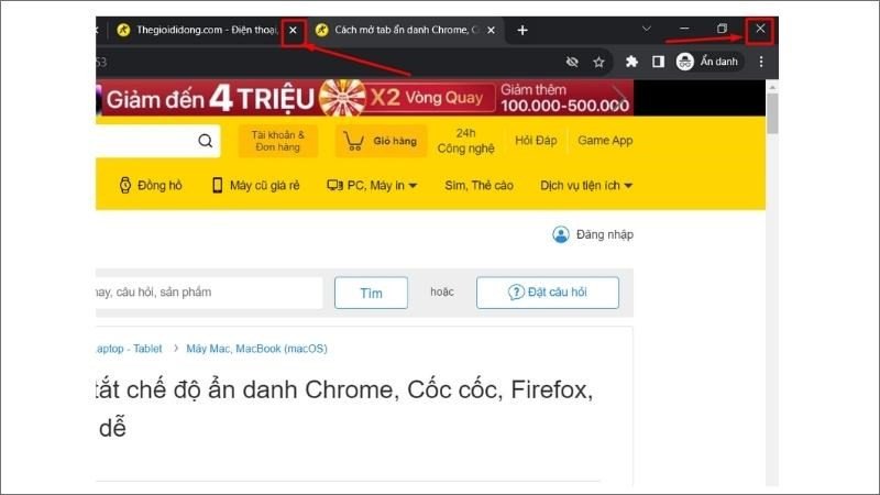 Thao tác đóng tab ẩn danh trên laptop Windows sau khi sử dụng Chrome.