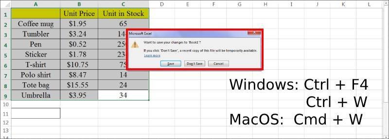 Thao tác đóng workbook trong Excel