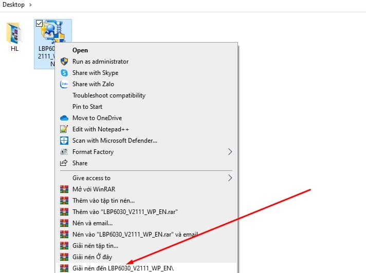 Thao tác giải nén tập tin driver máy in Canon LBP 6030 trên máy tính