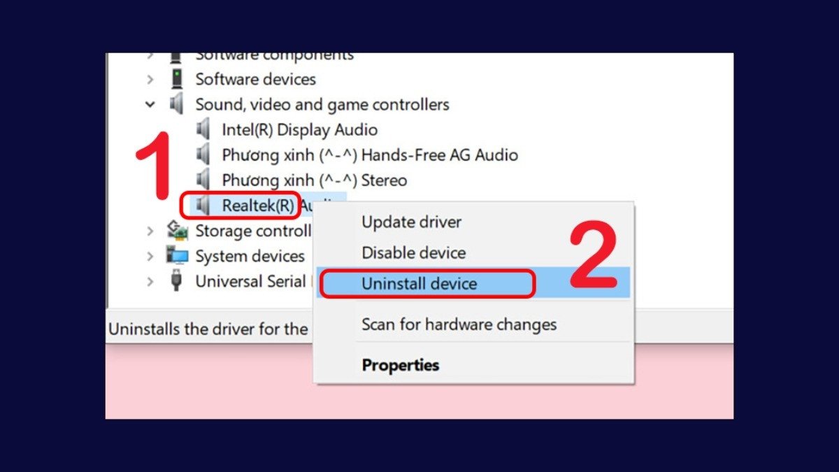 Thao tác gỡ cài đặt driver âm thanh trong Device Manager trên laptop