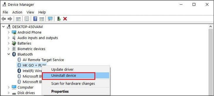 Thao tác gỡ cài đặt (Uninstall device) Driver Bluetooth trong Device Manager khi laptop không kết nối được loa Bluetooth do lỗi tương thích.