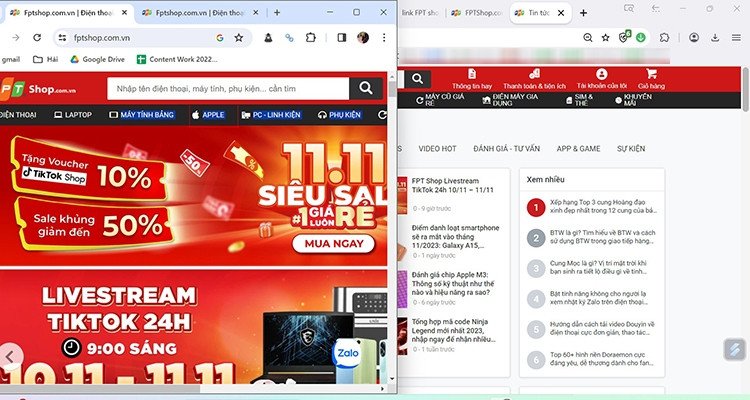 Thao tác kéo cửa sổ ứng dụng sang cạnh trái màn hình để chia đôi