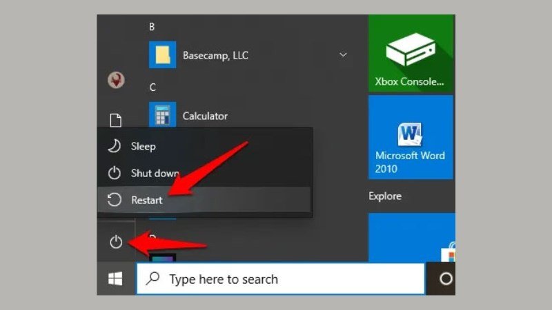 Thao tác khởi động lại laptop để khắc phục sự cố hiển thị màn hình phụ