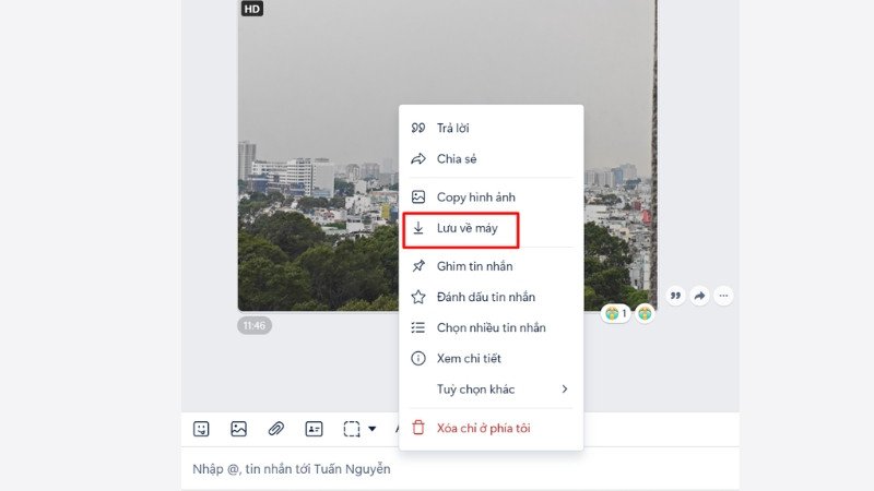 Thao tác lưu ảnh làm hình nền laptop từ cuộc trò chuyện Zalo về máy.