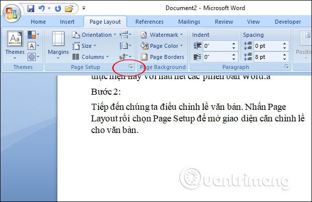 Thao tác mở hộp thoại Page Setup để điều chỉnh lề và bố cục trang khi soạn thảo văn bản trên laptop.
