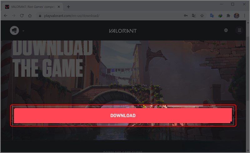 Thao tác nhấp vào nút Download trên trang chủ của Valorant