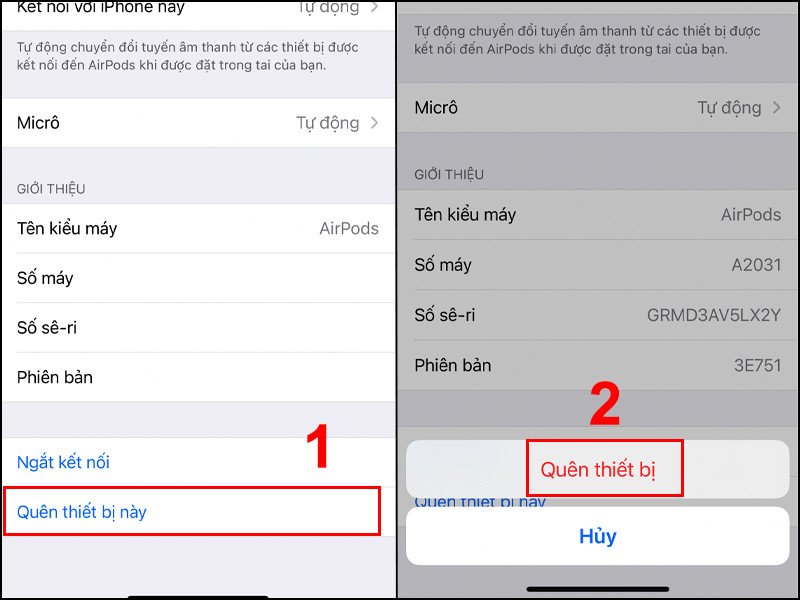 Thao tác quên thiết bị AirPods trong cài đặt Bluetooth trước khi thực hiện reset toàn bộ