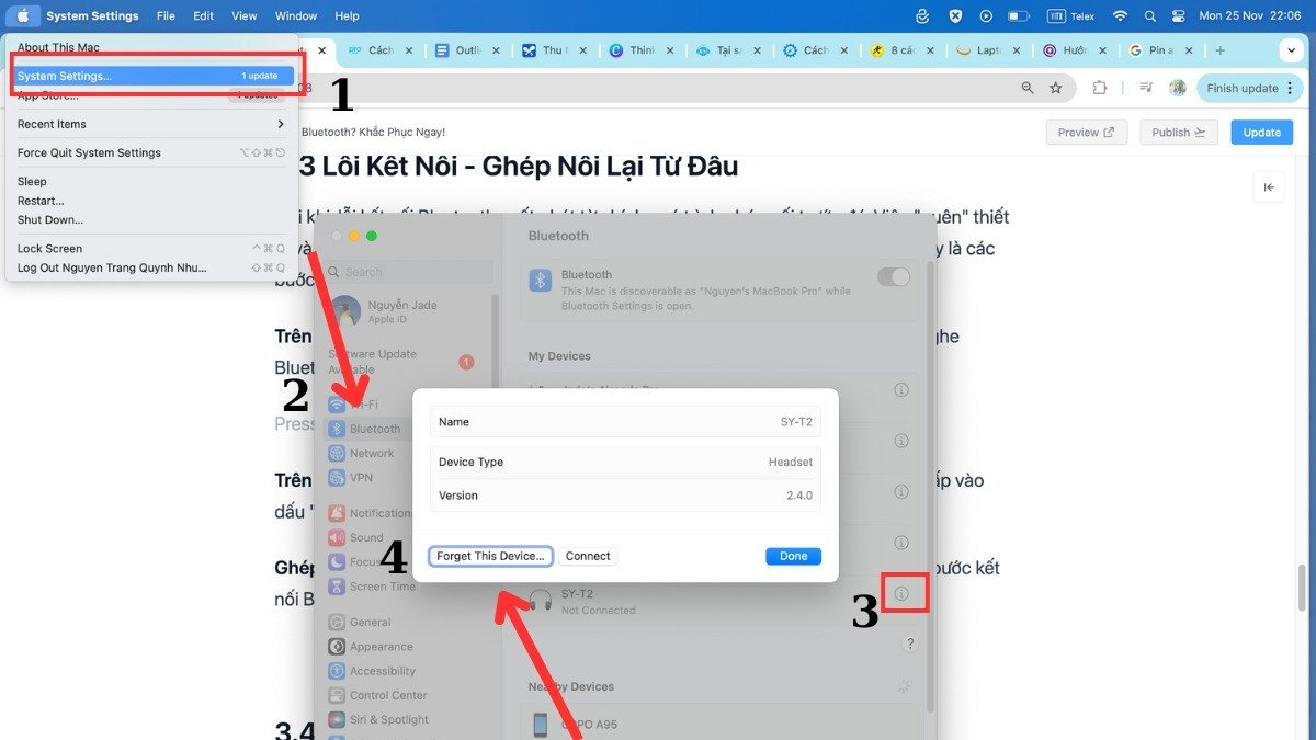 Thao tác quên thiết bị Bluetooth trong cài đặt macOS để kết nối lại