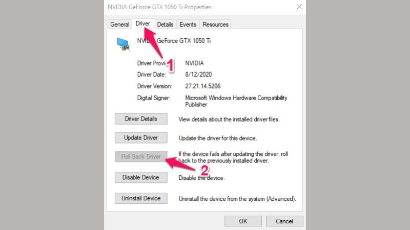Thao tác Roll Back Driver để quay về phiên bản driver cũ của laptop
