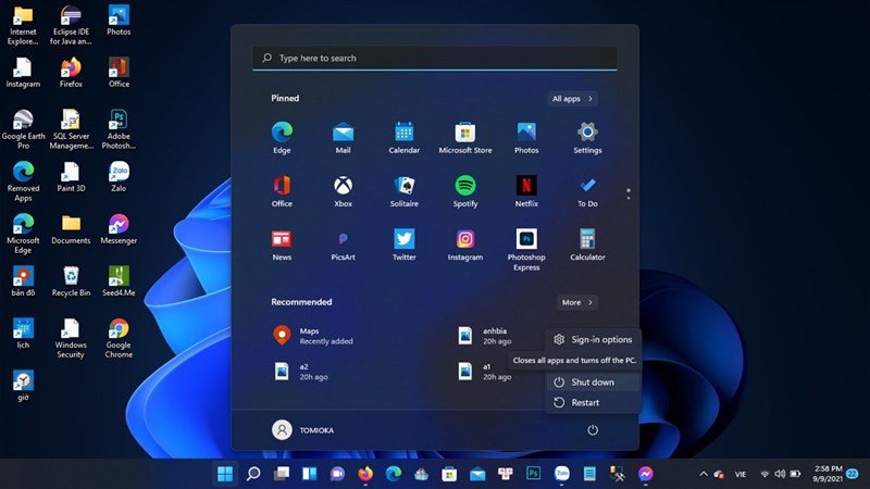 Thao tác tắt nguồn laptop Win 11 qua menu Start