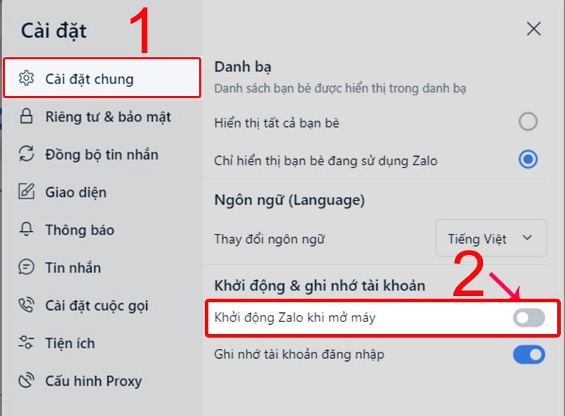 Thao tác tắt tính năng khởi động Zalo tự động khi mở máy tính