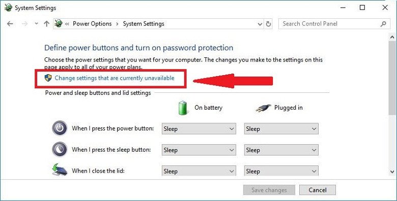 Thay đổi cài đặt nguồn khi bàn phím bị vô hiệu hóa
