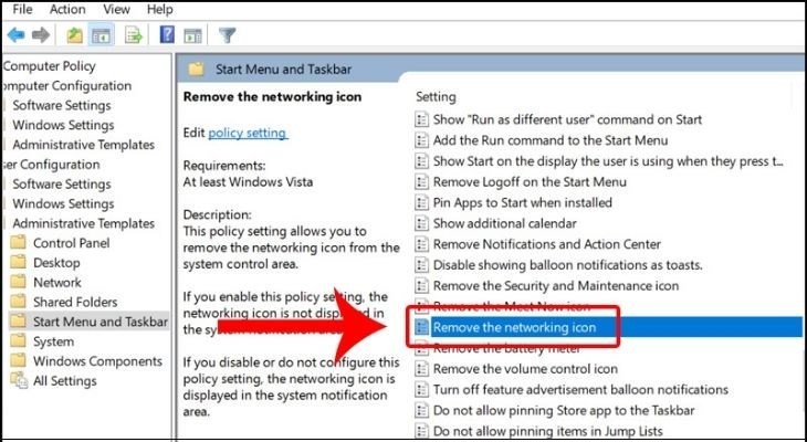 Thay đổi cài đặt 'Remove the networking icon' trong Group Policy