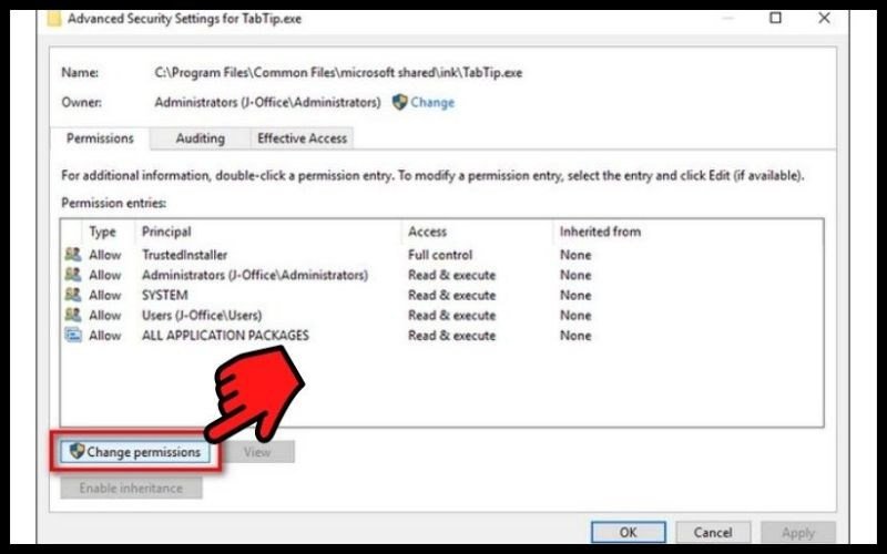 Thay đổi quyền truy cập cho file TabTib.exe để vô hiệu hóa chuột cảm ứng
