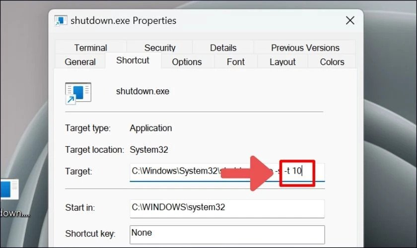 Thay đổi thời gian hẹn giờ tắt laptop Win 10 thông qua thuộc tính Shortcut