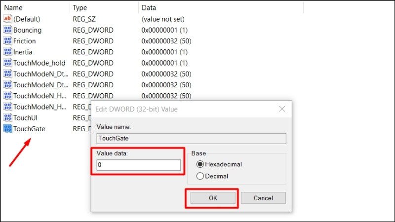Thay đổi Value Data thành 0 để vô hiệu hóa cảm ứng màn hình