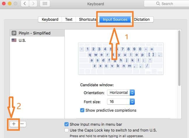 Thẻ Input Sources và nút dấu cộng (+) để thêm nguồn nhập liệu tiếng Trung Pinyin trên MacBook