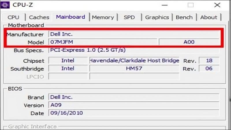 Thẻ Mainboard trong CPU-Z hiển thị model laptop Dell và nhà sản xuất