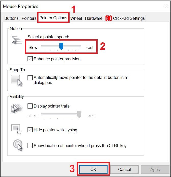 Thẻ Pointer Options trong Mouse Properties để tùy chỉnh tốc độ con trỏ chuột.