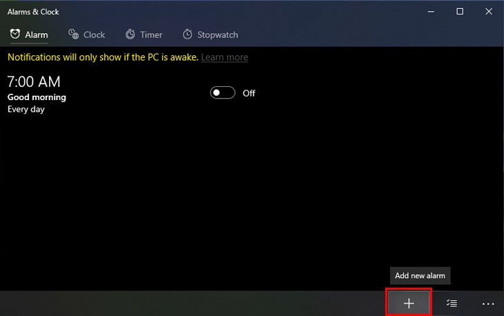 Thêm báo thức mới bằng cách nhấp dấu cộng trong ứng dụng báo thức laptop