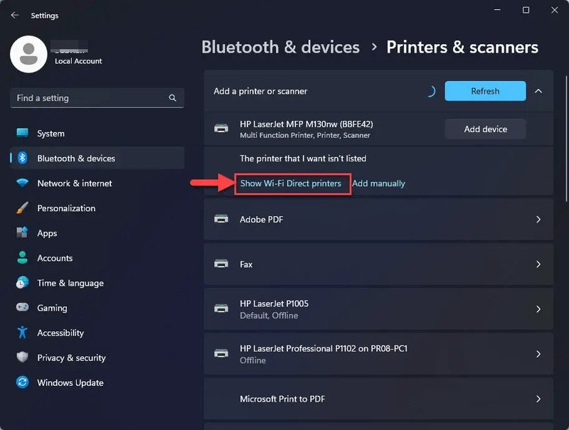 thêm máy in canon qua wifi direct