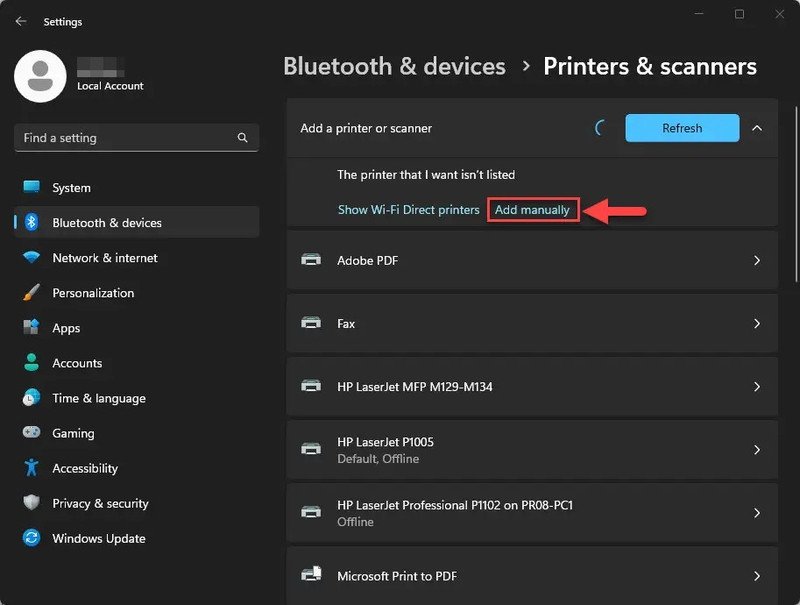 thêm máy in canon thủ công