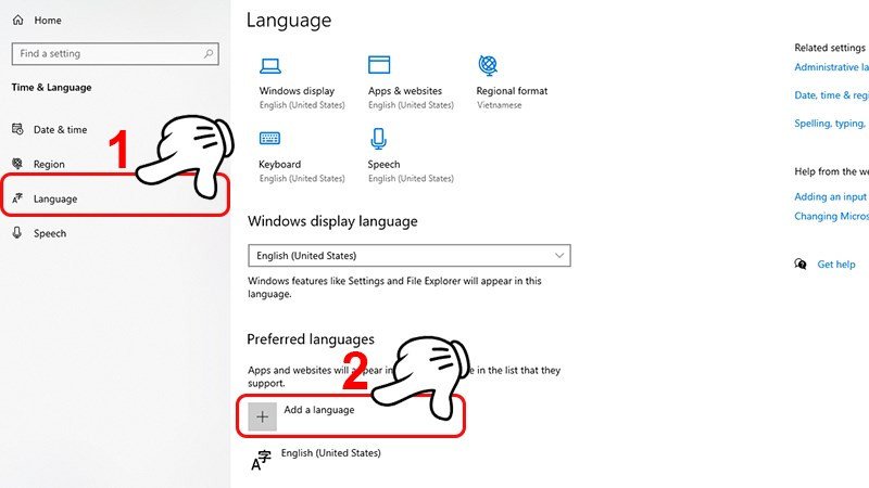 Thêm ngôn ngữ Tiếng Việt trong cài đặt Language của Windows để gõ tiếng Việt trên laptop