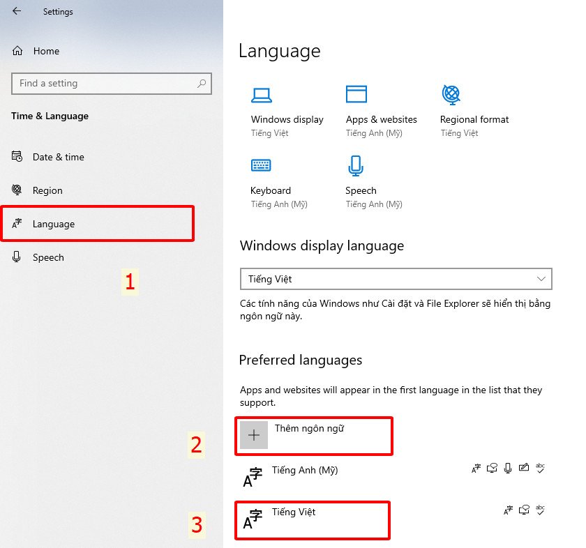 Thêm ngôn ngữ ưu tiên trong cài đặt Windows