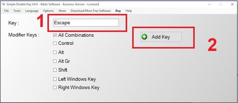 Thêm phím cần vô hiệu hóa vào danh sách trong Simple Disable Key
