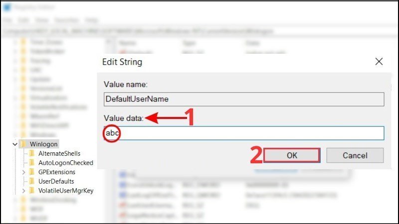 Thêm tham số DefaultUserName để tắt khóa màn hình laptop