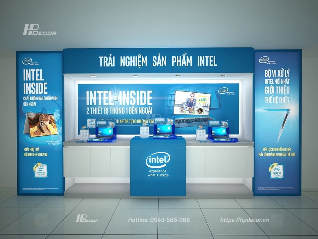 Thiết kế khu vực trưng bày laptop hiện đại tại siêu thị điện máy, giúp khách hàng trải nghiệm sản phẩm