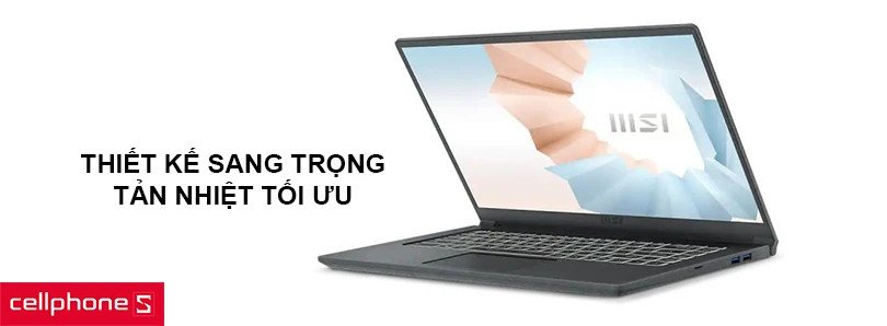 Thiết kế mỏng nhẹ của laptop MSI Modern 14 B11MOU-848VN màu xám, đặt trên bàn làm việc.