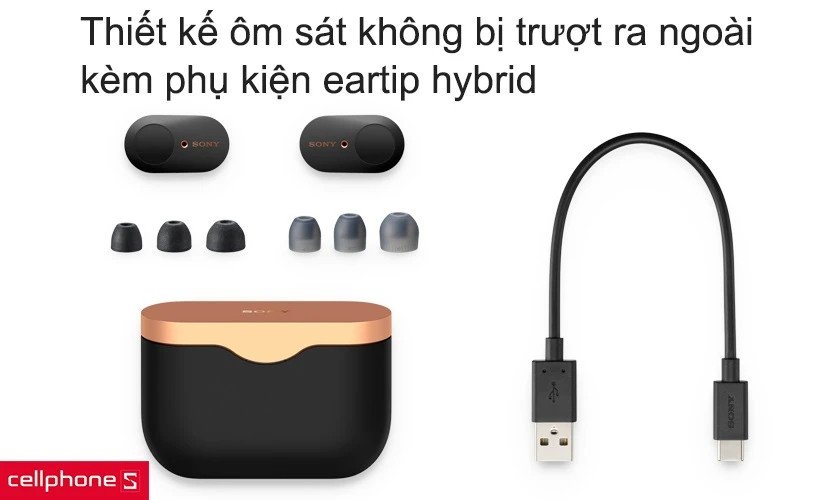 Thiết kế tai nghe Sony WF-1000XM3 ôm sát tai kèm nhiều kích cỡ eartip