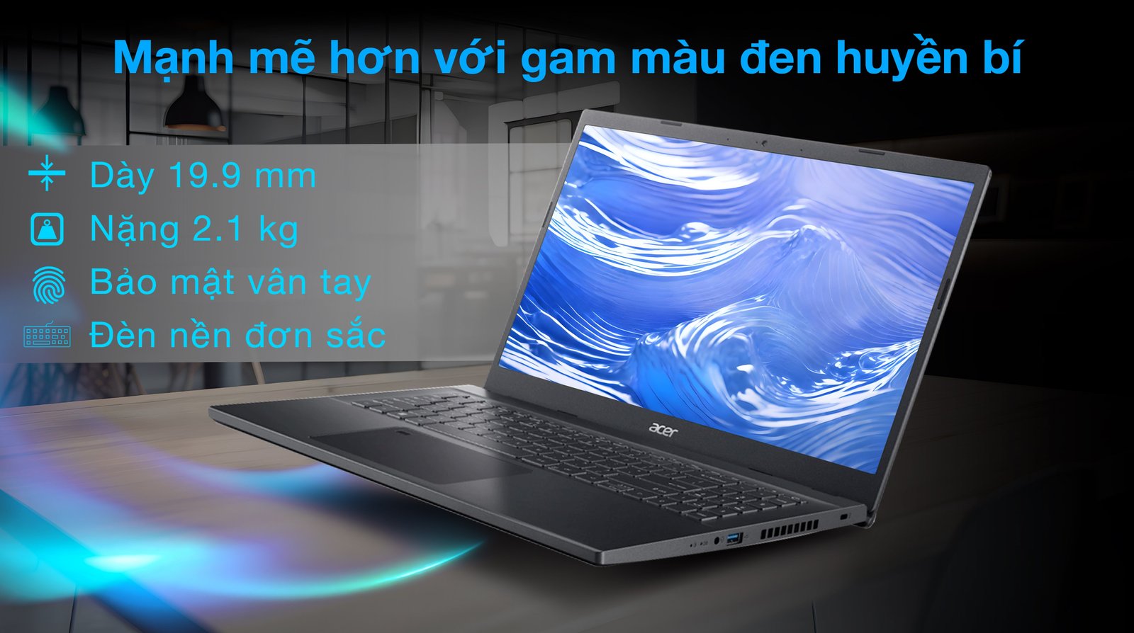 Thiết kế tối giản và hiện đại của laptop Acer Aspire 7 A715-76-53PJ với cảm biến vân tay