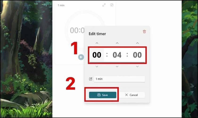 Thiết lập bộ hẹn giờ trong ứng dụng Clock cho đồng hồ đếm ngược trên laptop