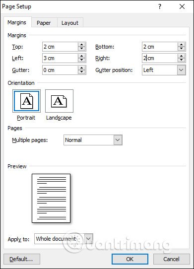 Thiết lập các thông số lề chuẩn (trên, dưới, trái, phải) trong Page Setup để định dạng văn bản trên laptop.