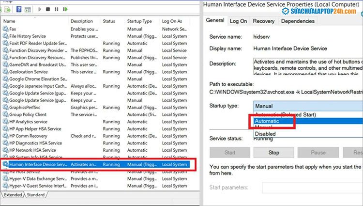 Thiết lập chế độ Automatic cho Human Interface Device Service trên laptop