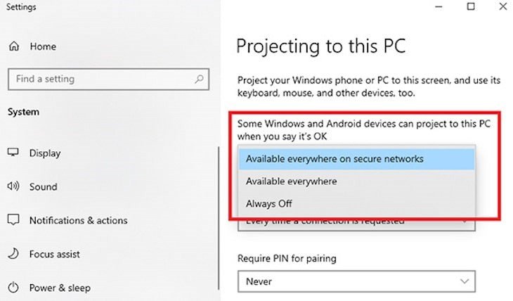 Thiết lập chế độ khả dụng để biến laptop thành màn hình phụ không dây
