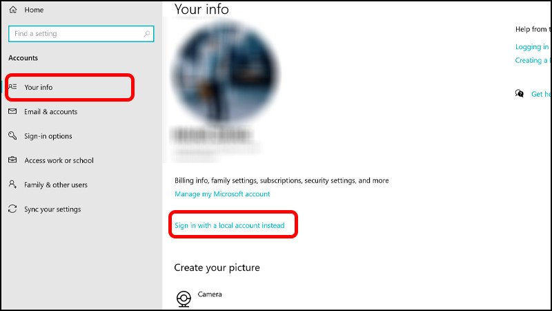 Thiết lập chuyển tài khoản Microsoft sang tài khoản cục bộ trên laptop Windows 10