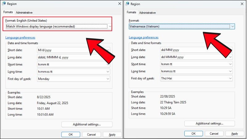 Thiết lập định dạng khu vực là Tiếng Việt để cài lại ngày giờ trên laptop