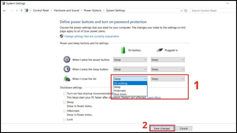 Thiết lập "Do nothing" khi gập nắp laptop để tiếp tục sử dụng màn hình phụ