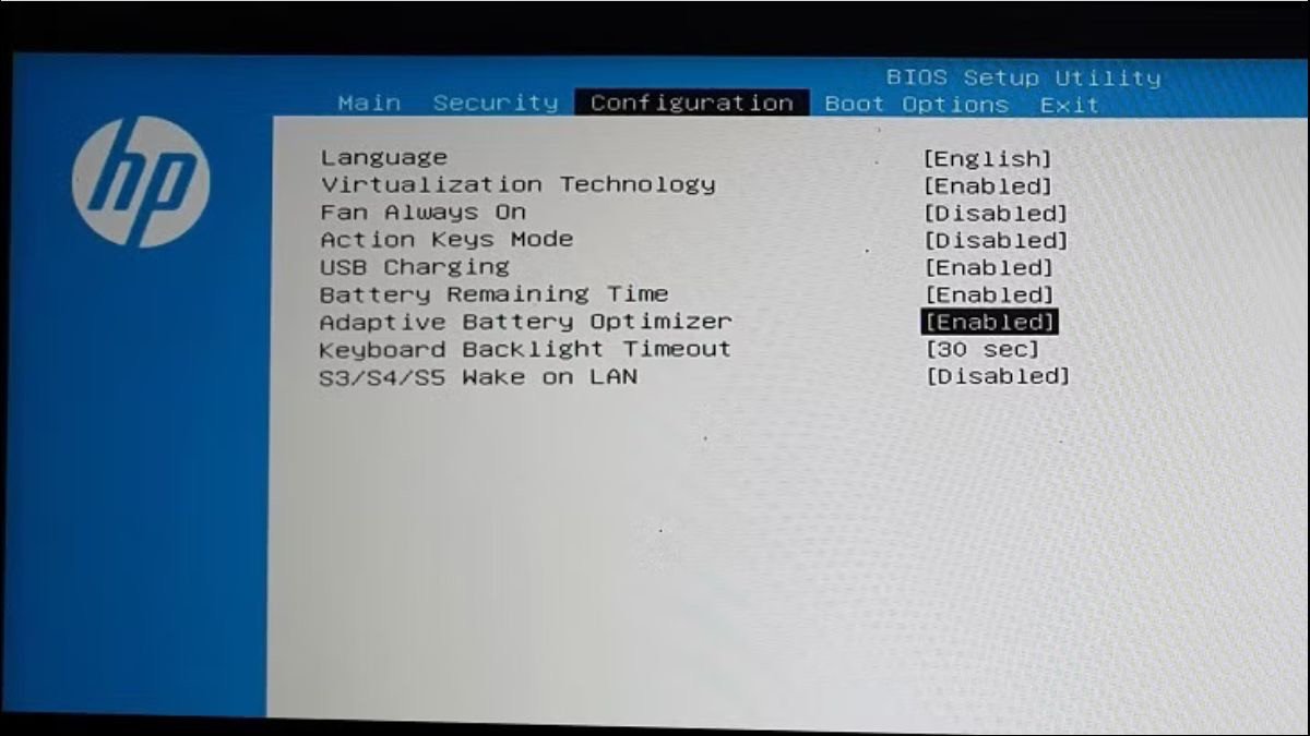 Thiết lập giới hạn sạc pin laptop HP trong BIOS