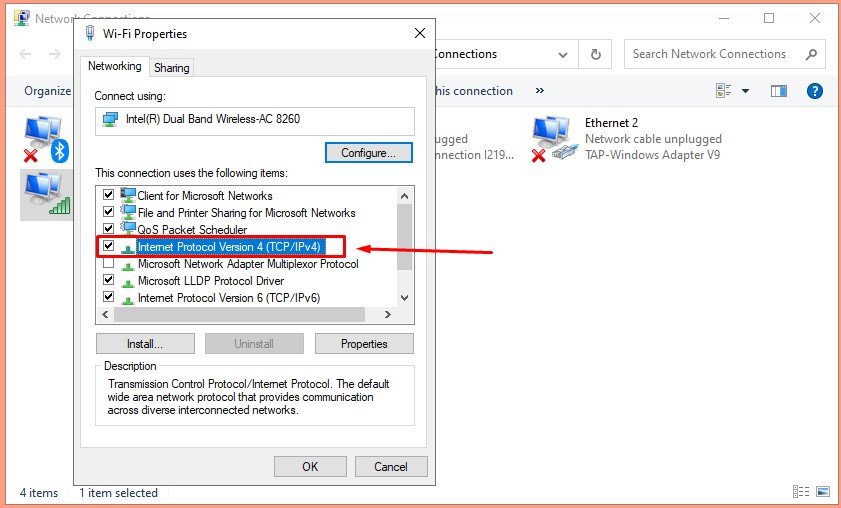 Thiết lập Internet Protocol Version 4 để đổi DNS cho Wattpad trên laptop