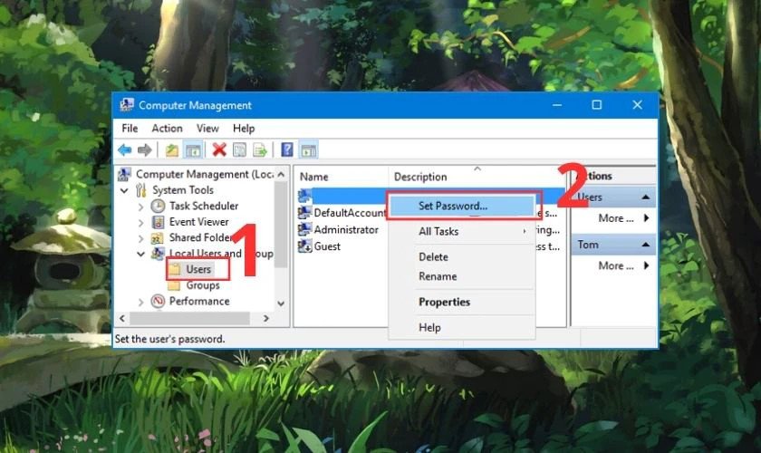 Thiết lập mật khẩu cho tài khoản người dùng trong Computer Management