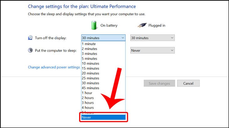 Thiết lập Never cho các mục On Battery khi xả pin